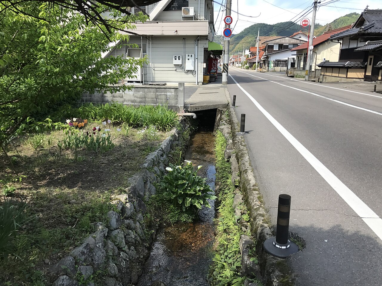 Historic Dono-machi street with waterway and koi